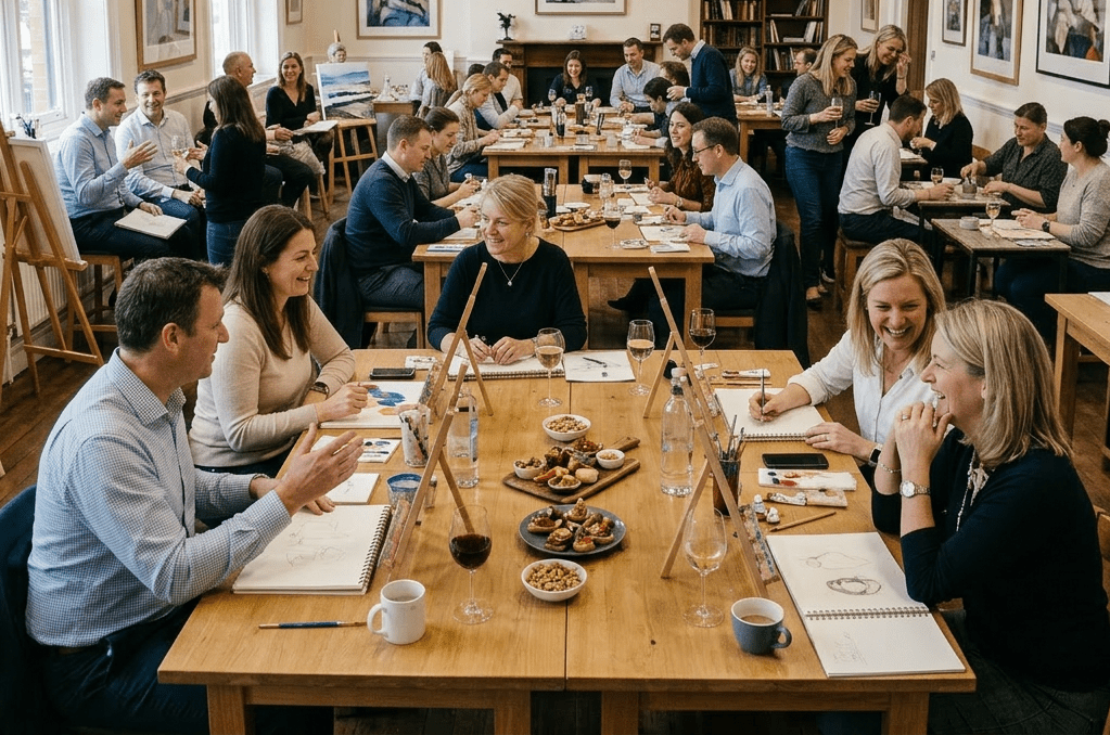 Group of professionals participating in a corporate painting workshop in a spacious room with high ceilings
